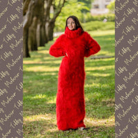 Hand Knitted Mohair Sweater Dress, Fluffy Ribbed Turtleneck Pullover with Mittens T333