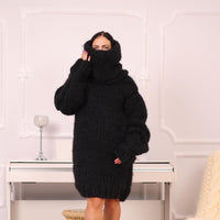 12 Strands Mohair Sweater Dress, Hand Knitted Extra Chunky 100 cm Turtleneck T1979