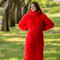 Hand Knitted Mohair Sweater Dress, Fluffy Ribbed Turtleneck Pullover with Mittens T333