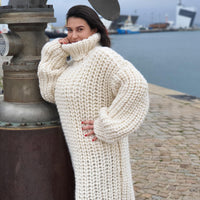 Extra Chunky Wool Sweater Dress, Hand Knitted English Rib Turtleneck Maxi Dress T934
