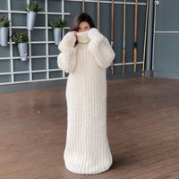 Extra Chunky Wool Sweater Dress, Hand Knitted English Rib Turtleneck Maxi Dress T934