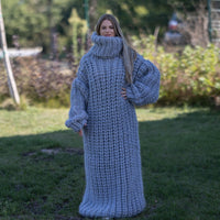 8 Strands Mohair Wool Dress, Hand Knitted Chunky Gray Sweater Dress T1265