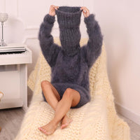 Brushed Mohair Bodysuit – Fluffy Hand-Knitted One-Piece with 70 cm Extra Long Turtleneck T1982