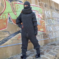Hand-Knitted Wool Catsuit – English Rib, Extra Long Turtleneck T910