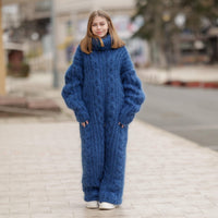 Blue Mohair Catsuit – Fluffy Hand-Knitted 5-Strand Full Body Suit – Soft Cozy One-Piece Knit – T1377