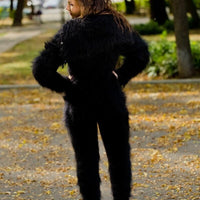 Black Mohair Catsuit – Chunky Hand-Knitted Hooded Full Body Jumpsuit – Fluffy One-Piece Suit – T170