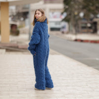 Blue Mohair Catsuit – Fluffy Hand-Knitted 5-Strand Full Body Suit – Soft Cozy One-Piece Knit – T1377