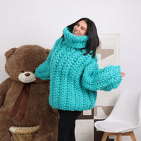 Merino Wool Sweater with 50 cm Turtleneck, Hand Knitted Chunky English Rib Pullover T1848