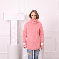 Pink Baby Suri Alpaca Sweater, Fluffy Merino Turtleneck, Hand Knitted Soft Wool Jumper T2044