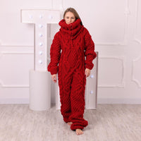 Red Wool Catsuit, Hand Knitted Chunky Cable Knit Jumpsuit with Hooded Turtleneck T2048