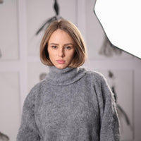 Grey Alpaca Turtleneck Sweater Fluffy Handknitted Long-Sleeve Knit Pullover T2066