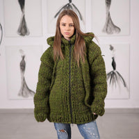 Chunky Hooded Cardigan Wool Alpaca Mix Hand knitted Zip Front Knit T2071