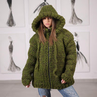 Chunky Hooded Cardigan Wool Alpaca Mix Hand knitted Zip Front Knit T2071