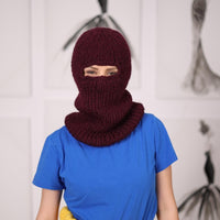 Burgundy Wool Balaclava, Hand Knitted 100 Percent Wool Hood with Open Eyes T2053