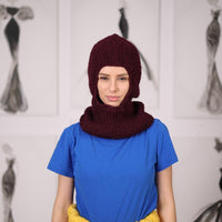 Burgundy Wool Balaclava, Hand Knitted 100 Percent Wool Open Face Hood T2054