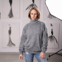 Grey Alpaca Turtleneck Sweater Fluffy Handknitted Long-Sleeve Knit Pullover T2066