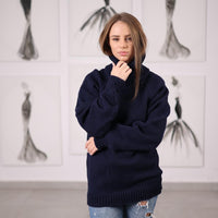 Blue Wool Turtleneck Sweater Handknitted Long-Sleeve Itchy Knit Pullover T2067