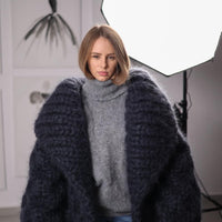 25-Strand Mohair Cardigan with Oversized Collar and Honeycomb Knit Coat T2073