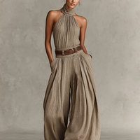 Women's Taupe Cotton-Blend Jumpsuit With Halter Neck & Wide-Leg Silhouette, Timeless Boho-Elegant Style Jumpsuit (Without Belt) MDZ0940C3I