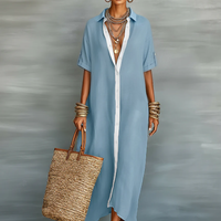 Women's Minimalist Linen Blend Short-sleeved Shirt Maxi Dress MDZ0647A2Y
