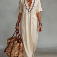 Women's Minimalist Linen Blend Embroidered Short-sleeved Shirt Maxi Dress MDZ0600A1Y