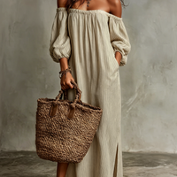 Women's Vacation Cotton-linen Blend Off-shoulder Long-sleeved Maxi Dress MDZ0481B5Y