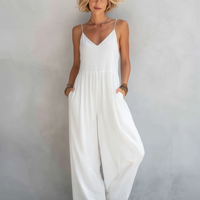 Women's Casual White Cotton-linen Blend Sleeveless Loose Jumpsuit MDZ0246C9AN