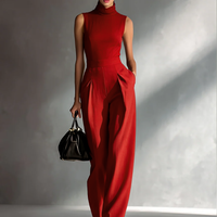 Women's Sleek Cotton-Linen Blend Burgundy Sleeveless Turtleneck Wide-Leg Jumpsuit MDA2292L5AU