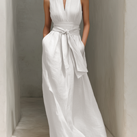 Women's Minimalist Cotton And Linen Blend V-neck Belted Sleeveless Maxi Dress MDZ0803A4Y