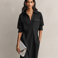Women's Elegant Black Cotton-linen Blend Shirt Collar Short-sleeved Midi Dress MDZ0455C2AN