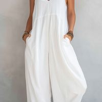 Women's Casual White Cotton-linen Blend Sleeveless Loose Jumpsuit MDZ0246C9AN