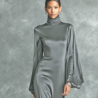 Women's Fashionable Grey Satin High-neck Long-sleeved Loose-fitting Maxi Dress MDZ0690A0AN