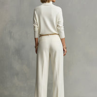 Women's Cream Soft Knit Chic Turtleneck Top & Flowy Wide-Leg Pant Set MDA0185K5I