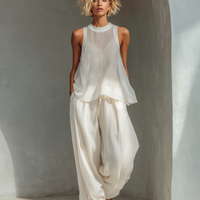 Women's Cream Two-Piece Set With Semi-sheer Chiffon Sleeveless Top & Cotton And Linen Blend Drawstring Wide-Leg Trousers MDZ1039C4T