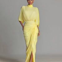 Women's Bright Yellow Drape Comfortable Blended Maxi Dress MDA2811G6I