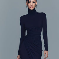 Women's Navy Elegant Stretch Polyester-Cotton Blend Turtleneck Draped Maxi Dress MDA1742J1I