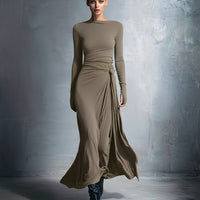 Women's Gray Exquisite Stretch Blended Fabric Wrap Dress - Knotted Maxi Dress MDA1401H9I