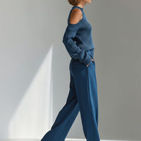 Women's Blue Elegant Ribbed Knit Cold - Shoulder Sweater And Wide - Leg Pants Set MDA1591I8I