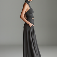 Women's Charcoal Gray Stretch Knit Dress With Turtleneck Halter & Cutout Waist, Timeless Minimalist Elegant Style Dress MDZ0960B2I