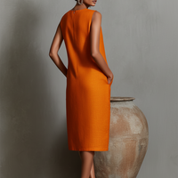 Women's Orange Linen Shift Dress With Sleeveless Round Neck & Side Pockets, Timeless Minimalist-Elegant Style Dress MDZ2851C7I