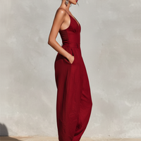 Women's Red Linen Jumpsuit With Spaghetti Straps & High-Waisted Pleated Pants, Timeless Romantic-Elegant Style Jumpsuit MDZ1915C8I