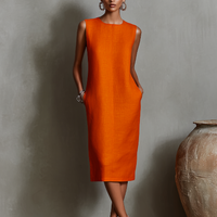 Women's Orange Linen Shift Dress With Sleeveless Round Neck & Side Pockets, Timeless Minimalist-Elegant Style Dress MDZ2851C7I