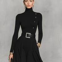 Women's Black Knit Elegant High Neck Button Detail Maxi Dress MDA1183K0I