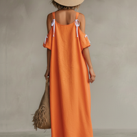 Women's Tangerine Linen Dress With Cold Shoulder & High-Low Hem, Timeless Boho-Resort Style Dress MDZ0337C4I