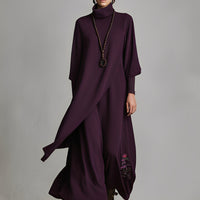 Women's Plum Draped Cotton-Blend Jersey Elegant Turtleneck Embroidered Maxi Dress MDA1202K8I