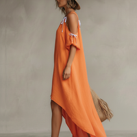 Women's Tangerine Linen Dress With Cold Shoulder & High-Low Hem, Timeless Boho-Resort Style Dress MDZ0337C4I