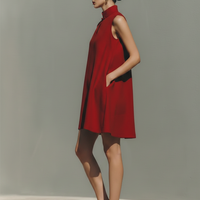 Women's Red Lightweight Linen Dress With Keyhole Neck & Flared Hem, Contemporary Effortless-Casual Style Dress MDZ0203D4I
