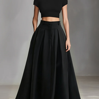 Women's Black Stretch-Knit & Woven Set With Cropped Top & Maxi Dress, Timeless Sleek-Chic Style Set (without Belt) MDZ1412A1I