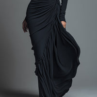 Women's Black Elegant Jersey Knit Ruched Maxi Dress MDA1541H1I