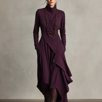 Women's Purple Bohemian Cotton Stretch Turtleneck Asymmetrical Draped Maxi Dress MDA2055J9I